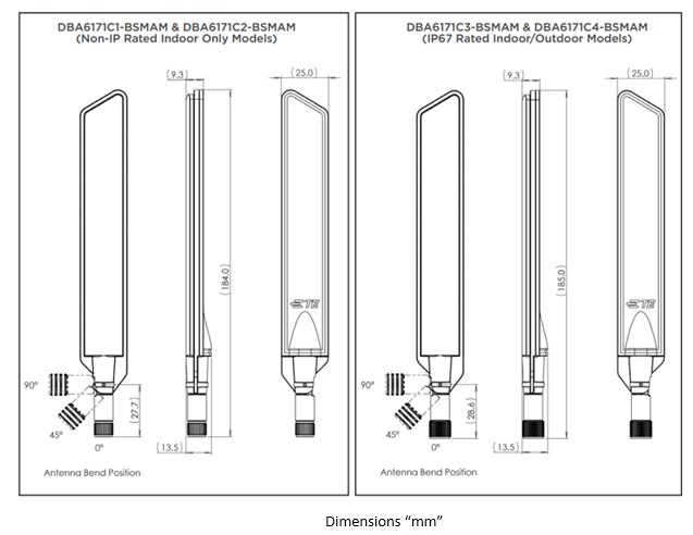 Mechanical Drawing - TE Connectivity DBA6171Cx 5G/4G Indoor/Outdoor Blade Omni Antennas